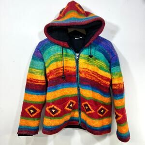 Sweater Knit Rainbow Hoodie Jacket 100% Wool Fleece Lined Made in Nepal M
